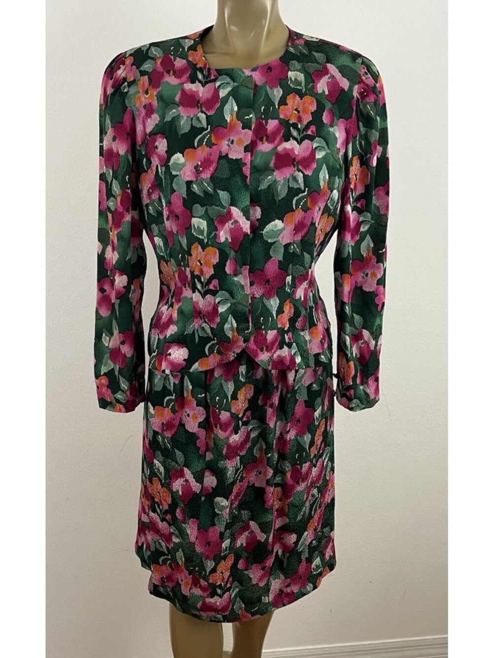 Vintage Lillie Rubin Women's 10 Silk Floral Skirt Set Top Jacket 2pc Suit